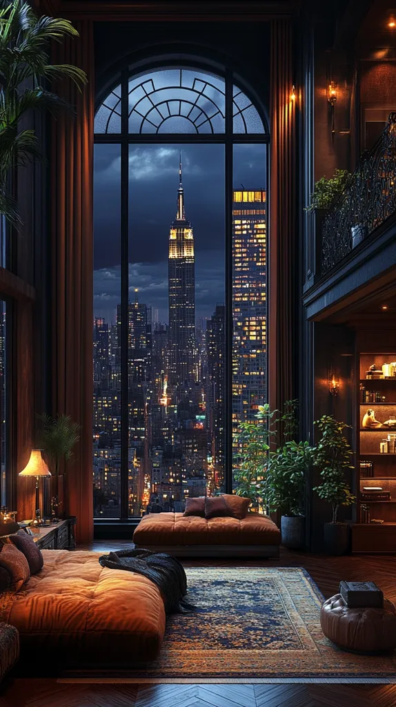 A luxurious living room boasts a stunning view of the nighttime New York City skyline, including the Empire State Building, through a large arched window.  The room is decorated in warm, earthy tones with plush, orange velvet seating, a rich area rug, and strategically placed plants.  Dark wood floors and walls create a sophisticated ambiance.  The overall feeling is one of opulence and tranquility.