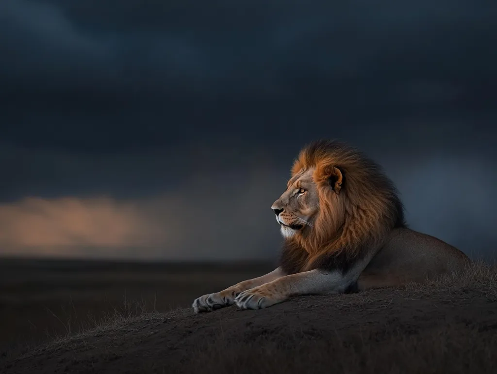 A majestic male lion with a thick, dark mane rests on a small hill, gazing intently into the distance. The sky above is a dramatic canvas of dark clouds, with a hint of warm light breaking through on the horizon.  The scene evokes a sense of power and solitude against a stormy backdrop. The lion's profile is sharply defined, emphasizing its regal presence in the wild African landscape.