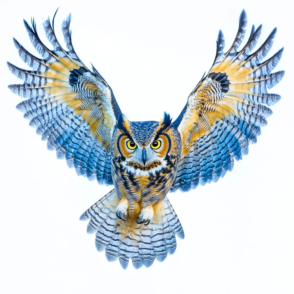 A great horned owl is depicted in a dramatic close-up, wings outstretched in a powerful display of flight.  Its large, expressive golden eyes are striking against its intricately patterned plumage, predominantly in shades of blue, brown, and gold. The image is sharply focused, showcasing the detail of each feather. The owl appears to be in motion, creating a sense of dynamism and freedom.  The white background emphasizes the owl's vibrant colors and powerful presence.