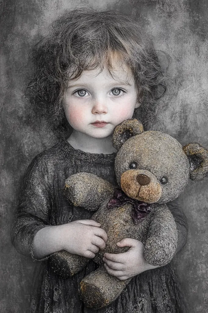 A grayscale portrait captures a young girl with curly hair, her gaze directed slightly downward.  She clutches a well-loved teddy bear, its fur appearing worn and textured. The girl's expression is solemn, and her pale skin contrasts with the dark clothing. The background is a textured, mottled gray, adding to the image's somber mood. The overall impression is one of quiet contemplation and perhaps gentle sadness.