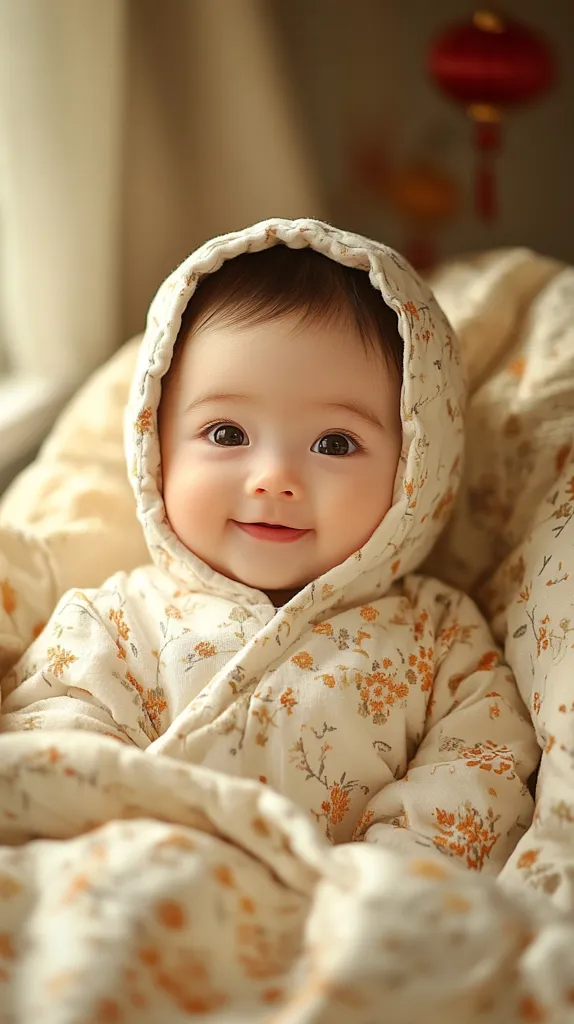 An adorable baby, nestled in a cream-colored floral hooded onesie, smiles serenely.  The soft fabric and warm lighting create a cozy atmosphere.  The baby's large, expressive eyes and gentle smile are captivating.  The background features a blurred, out-of-focus image suggesting a home setting. The overall image evokes feelings of warmth, comfort, and innocence.
