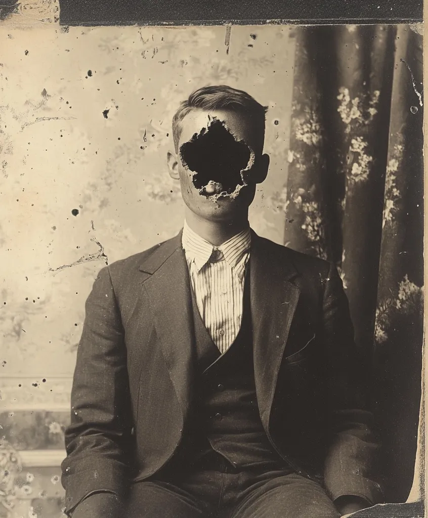 A monochromatic, vintage photograph depicts a young man in formal attire.  His face is conspicuously absent, replaced by a dark, irregularly shaped hole. The image has a distressed, aged quality, with visible blemishes and wear on the photographic surface. He is seated, dressed in a suit and vest, against a faded floral patterned backdrop.  The overall effect is unsettling and mysterious.