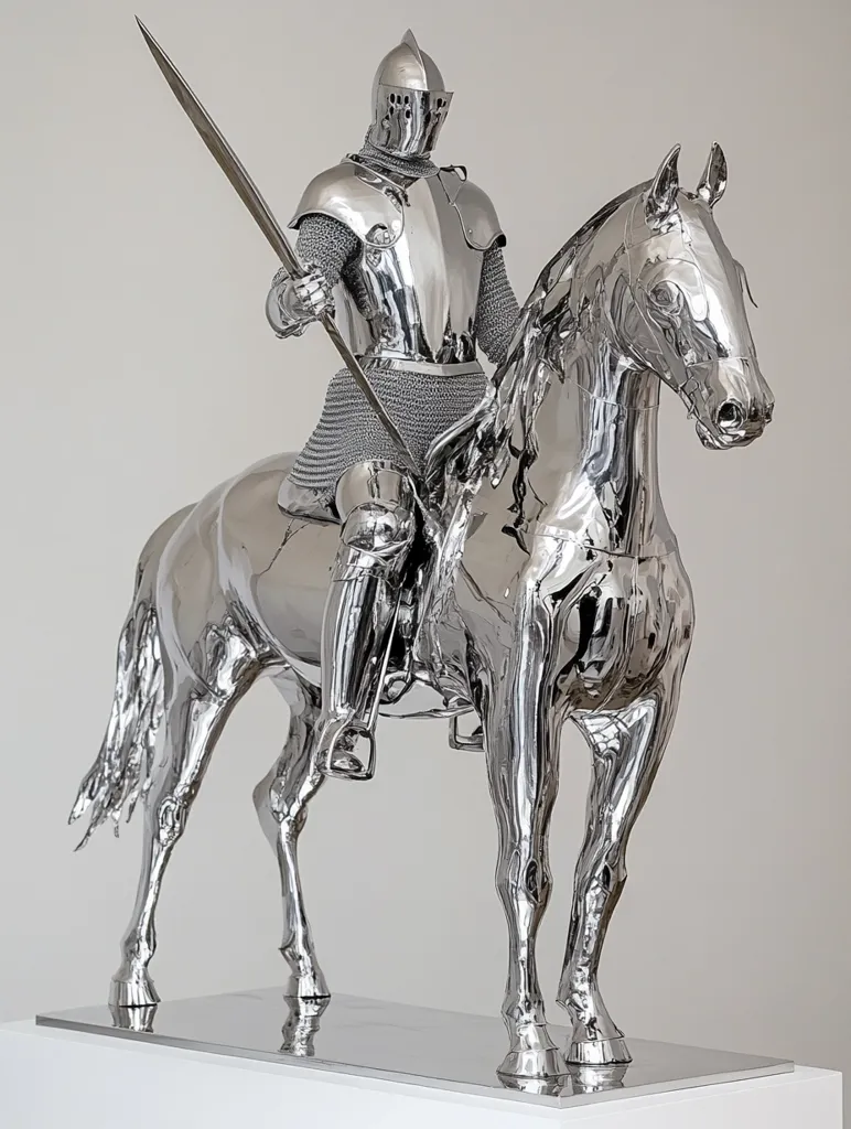 A gleaming chrome sculpture depicts a knight in full armor astride a horse.  The knight holds a lance, his figure and steed rendered in meticulously detailed, highly polished metal.  The piece presents a modern, reflective take on a classic medieval theme, the smooth surfaces mirroring the surrounding environment. The statue rests on a simple, minimalist platform.