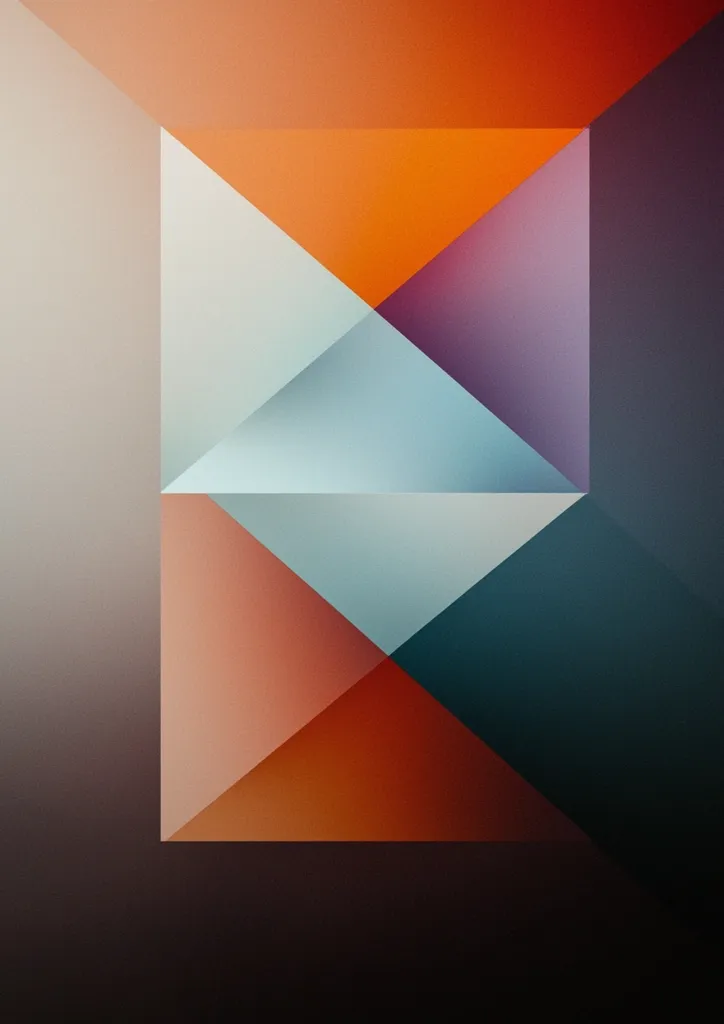 An abstract image features a geometric composition of overlapping triangles in muted earth tones.  The central focus is a square formed by intersecting triangles in light blue, orange, and purple.  Surrounding this are larger triangles in deeper shades of orange, brown, and teal, creating a layered effect.  The overall aesthetic is clean, minimalist, and subtly textured.