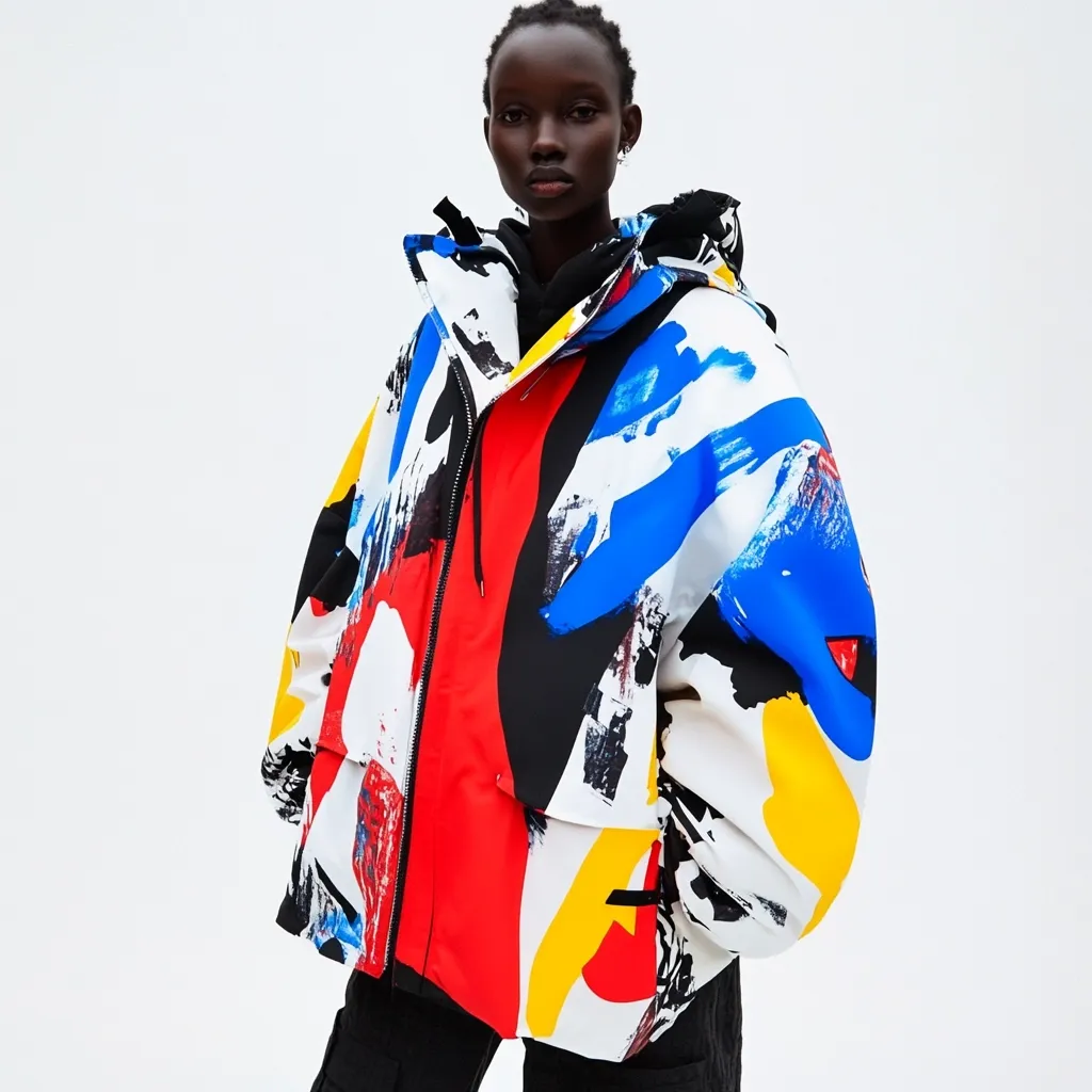 A model showcases a vibrant, oversized jacket.  The white jacket features a bold, abstract print in red, blue, and yellow.  The paint-splatter design is energetic and modern. The jacket is a zip-up style with a hood, and the model wears black bottoms.  The overall look is striking and contemporary.