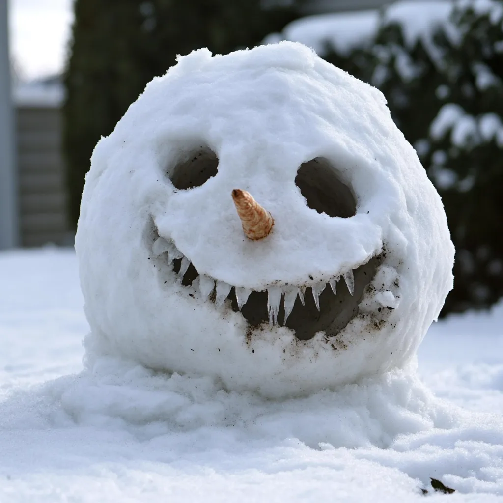 A whimsical snowman's head, crafted from snow, features a carved, grinning face.  Sharp, icicle-like teeth line its mouth, contrasting with a small, twig-like nose.  The snowman's expression is both playful and slightly menacing, its uneven texture showing the natural imperfections of its snowy construction.  It sits nestled in a blanket of fresh snow.