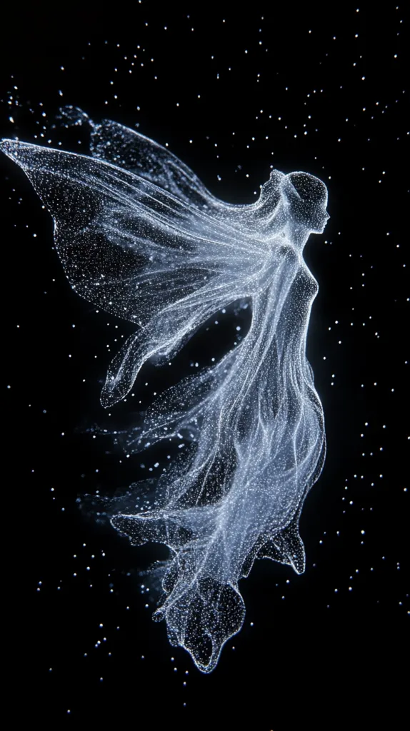 A digital rendering depicts a luminous, ethereal figure resembling a woman in a flowing gown.  The form is composed of countless shimmering particles, creating a sense of movement and fluidity against a black backdrop speckled with smaller points of light. The gown's shape suggests wings, adding to the ethereal and possibly angelic quality of the image.  The overall effect is dreamlike and surreal.