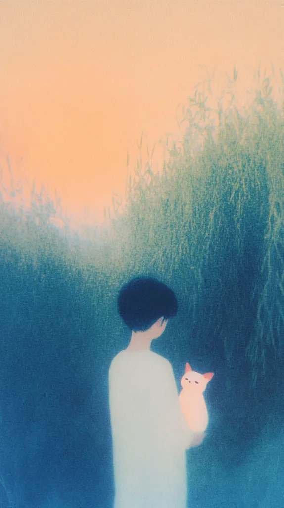 A stylized illustration depicts a person with short dark hair, wearing a light-colored robe, holding a small, light-pink cat.  They stand amidst tall, textured grasses under a soft, peach-toned sky. The overall style is dreamy and serene, with a muted color palette emphasizing soft blues and pinks.  The image evokes a feeling of calm and quiet solitude in nature.