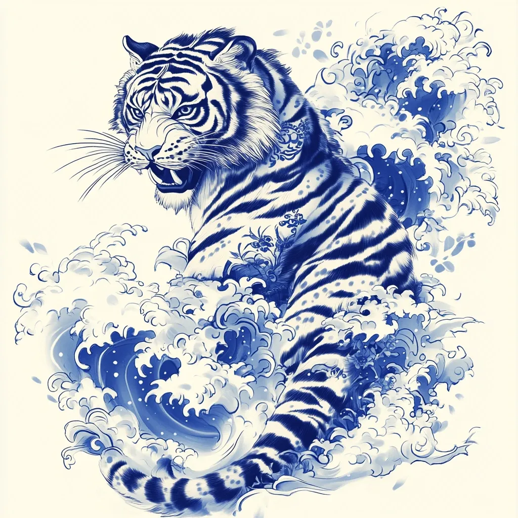 A majestic tiger, rendered in shades of blue, is depicted amidst crashing waves.  The style evokes traditional blue and white porcelain, with detailed brushstrokes capturing the tiger's fierce expression and the dynamic movement of the water. Floral details are subtly incorporated into the design, adding a touch of elegance to this powerful image. The composition is balanced, with the tiger's powerful presence contrasting with the fluidity of the waves.