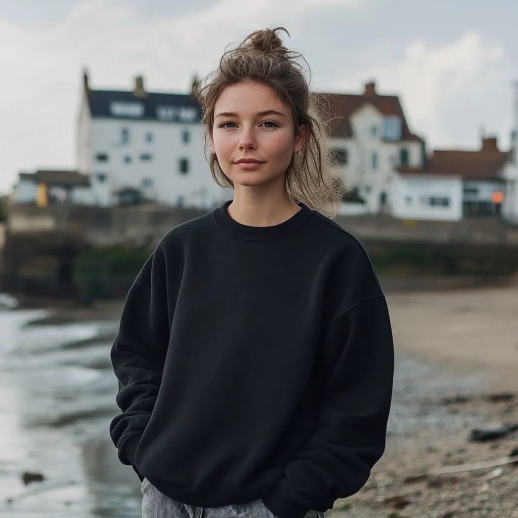 A young woman with light brown hair styled in a messy bun stands on a beach, gazing directly at the camera. She's wearing a black oversized crewneck sweatshirt and gray pants, her hands casually tucked into the pockets.  A blurred background shows a quaint seaside village with white buildings under a cloudy sky. The overall mood is serene and casual.