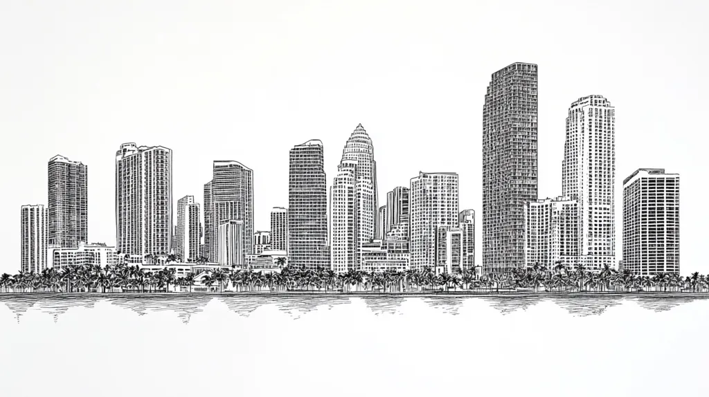 A hand-drawn sketch depicts a city skyline, featuring numerous skyscrapers of varying heights and architectural styles.  Palm trees line the waterfront in the foreground, suggesting a coastal location. The style is reminiscent of a quick, expressive drawing, with varying line weights creating texture and depth. The overall impression is one of a vibrant, modern city by the sea.