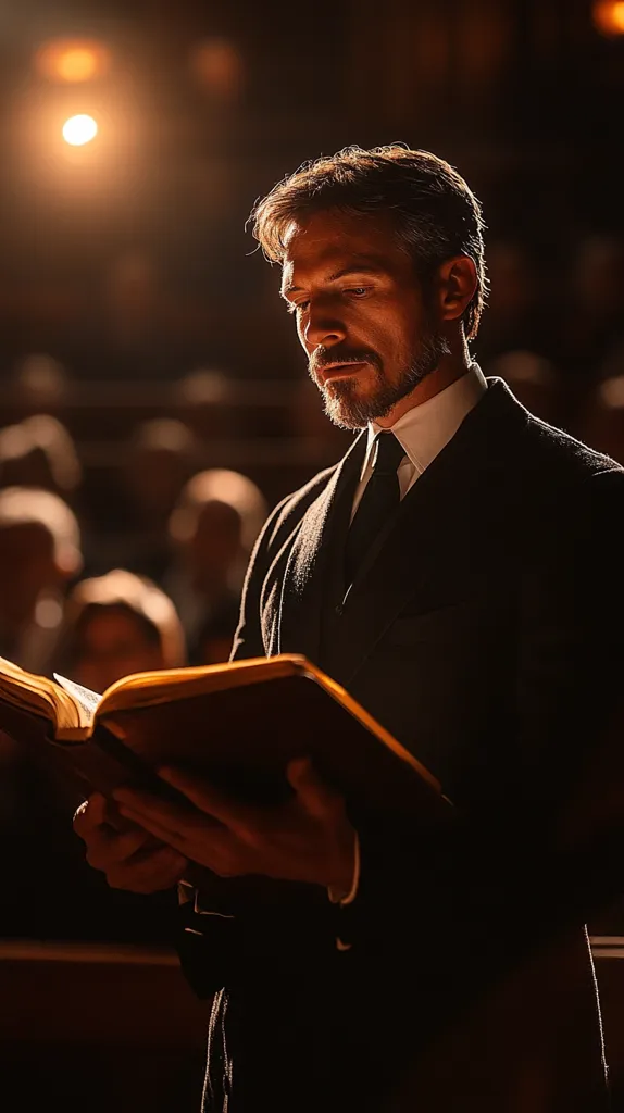 A man in a dark suit and collared shirt stands before a congregation, illuminated by a single spotlight.  He holds a large, open book, his gaze focused on the text.  His expression is serious and contemplative.  The background is blurred, emphasizing the man and his solemn act of reading. The warm lighting adds to the dramatic atmosphere.