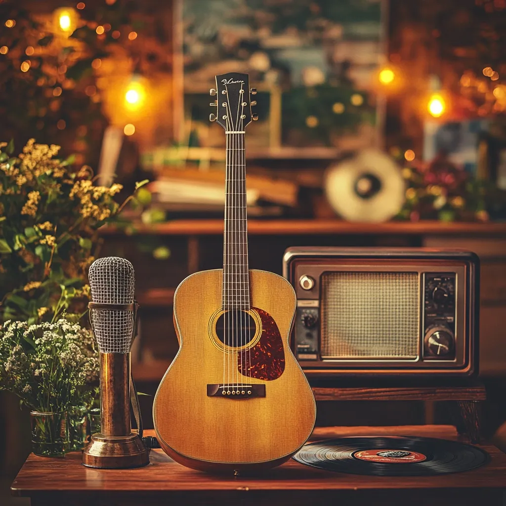 A vintage acoustic guitar takes center stage, bathed in warm, ambient lighting.  A classic microphone and a retro radio sit beside it on a wooden table, evoking a nostalgic, musical atmosphere.  Floral arrangements add a touch of natural beauty to the scene, creating a captivating still life image suggesting a recording session or a quiet musical moment.