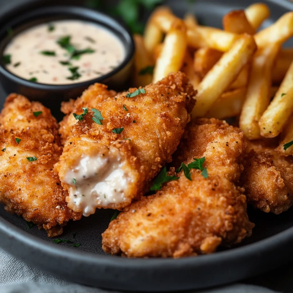 A close-up shot of crispy fried fish fingers served with golden french fries and a creamy dipping sauce.  The fish fingers are golden brown and appear juicy, with a visible creamy filling in one.  The fries are plentiful, and the sauce is garnished with parsley. The food is presented on a dark gray plate.