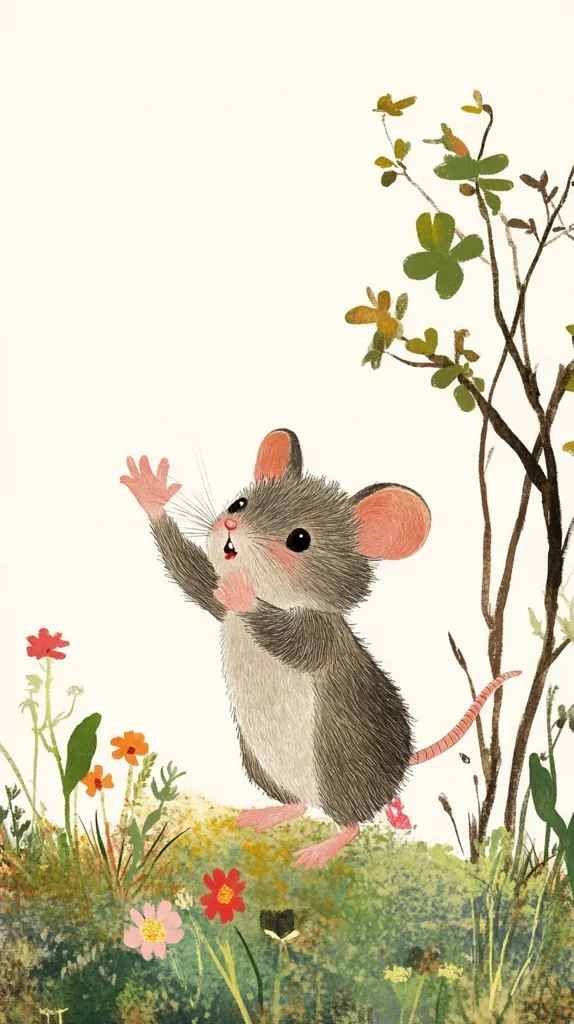 A charming illustration depicts a small, grey mouse standing amidst a field of wildflowers.  The mouse is joyfully reaching up with one paw, its pink feet and ears contrasting with its fur.  Delicate wildflowers, including red, orange, and pink blossoms, surround the mouse at the base of a small, leafy bush. The style is reminiscent of children's book illustration, with soft colors and a whimsical feel.
