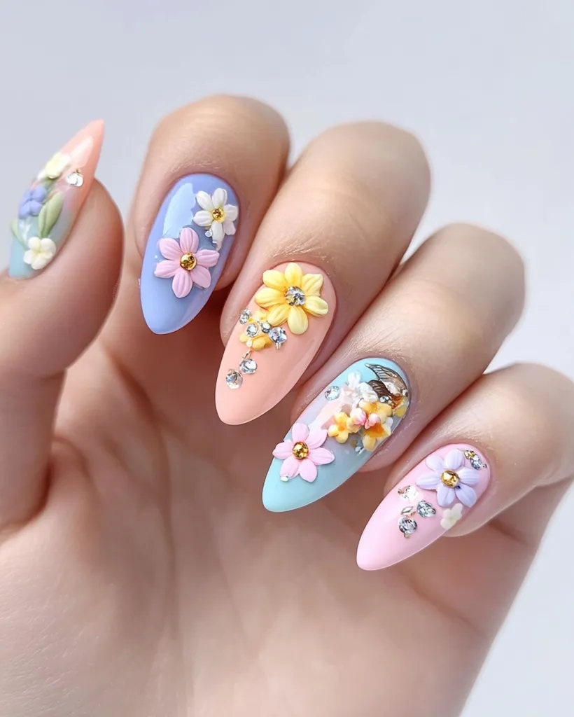 A hand showcases elegant almond-shaped nails adorned with pastel-colored 3D floral designs.  Each nail features a unique arrangement of delicate flowers, embellished with tiny crystals for added sparkle. The pastel palette includes soft blues, pinks, and peaches, creating a charming and feminine manicure.  The flowers are meticulously crafted and appear lifelike, adding a touch of whimsy to the overall design.