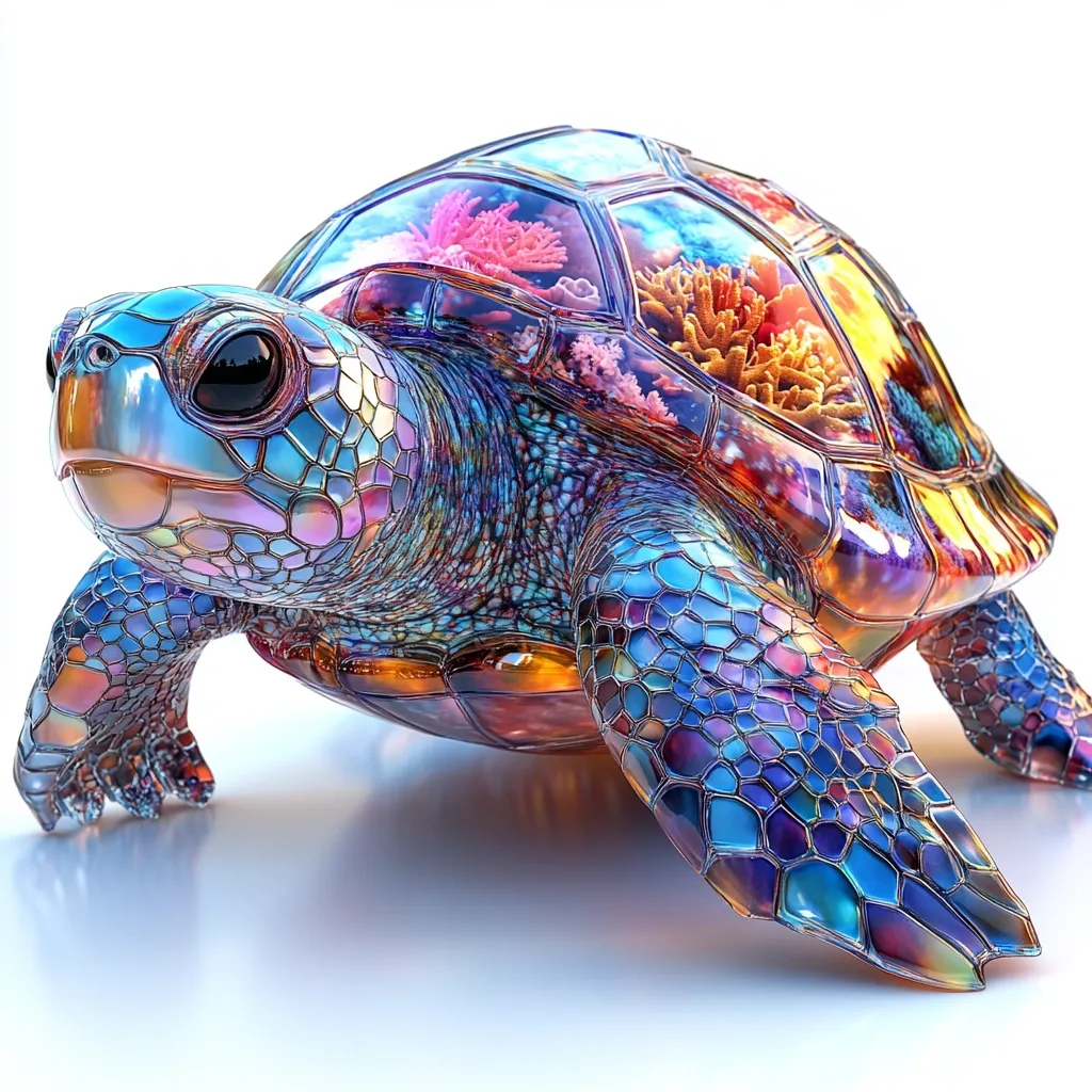 A vibrant, iridescent sea turtle is depicted, its shell a mosaic of colorful, glass-like segments.  Inside the shell, a miniature coral reef thrives, showcasing a variety of coral and marine life. The turtle's head and limbs are detailed with the same shimmering texture, creating a striking visual of a fantastical creature.  The overall effect is one of beauty and fragility, highlighting the interconnectedness of marine ecosystems.