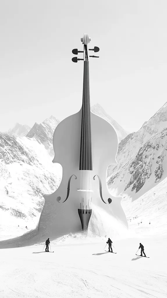 A colossal cello, sculpted from snow, dominates a snowy mountain landscape.  Three skiers, silhouetted against the white expanse, traverse the slopes in front of the immense instrument. The monochromatic image creates a serene yet surreal atmosphere, blending nature and music in a striking juxtaposition.  The scale of the cello emphasizes its presence, dwarfing the human figures.
