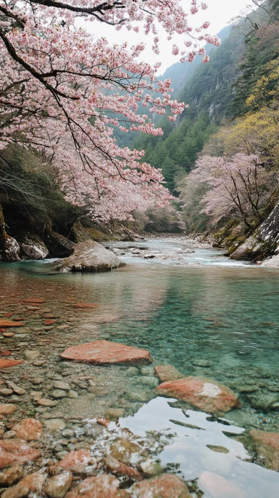 A serene river flows through a lush valley, its crystal-clear water revealing smooth rocks on the riverbed.  Cherry blossoms in full bloom drape over the riverbanks, their delicate pink petals contrasting with the vibrant green foliage of the surrounding mountains.  The scene is peaceful and picturesque, showcasing the beauty of nature in springtime.