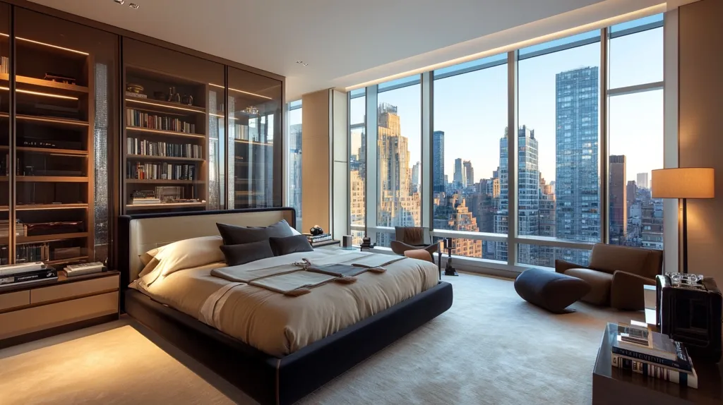 A luxurious bedroom boasts floor-to-ceiling windows offering breathtaking panoramic city views.  A large, low bed with neutral linens is the focal point, complemented by a built-in, glass-fronted bookcase filled with books.  Modern, minimalist furniture, including a comfortable armchair and ottoman, complete the sophisticated and tranquil atmosphere.  The room is bathed in soft, natural light.