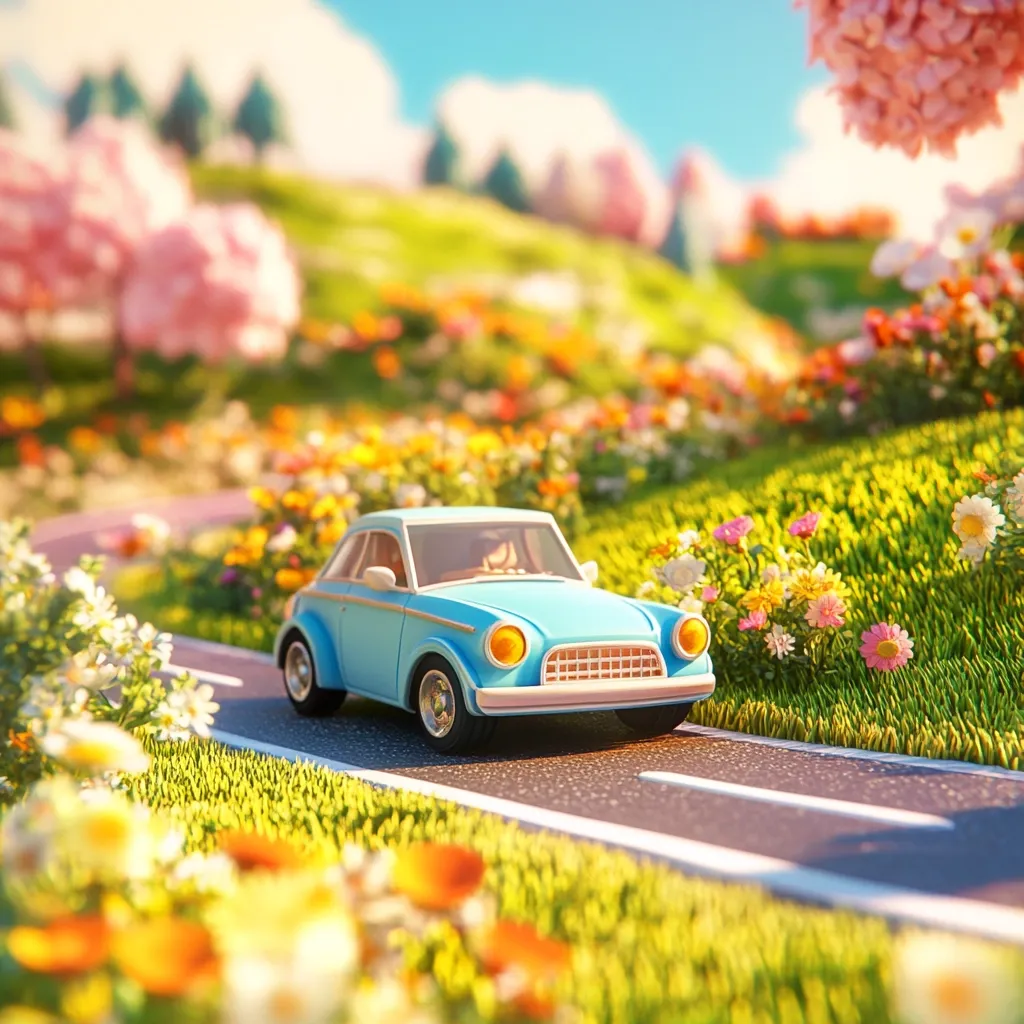 A light blue vintage car drives along a road winding through a vibrant, idyllic landscape.  Brightly colored flowers and lush green grass line the roadside, with blooming pink trees in the background.  The sun shines on the cheerful scene, creating a whimsical, dreamlike atmosphere.  The overall style is playful and cartoonish.