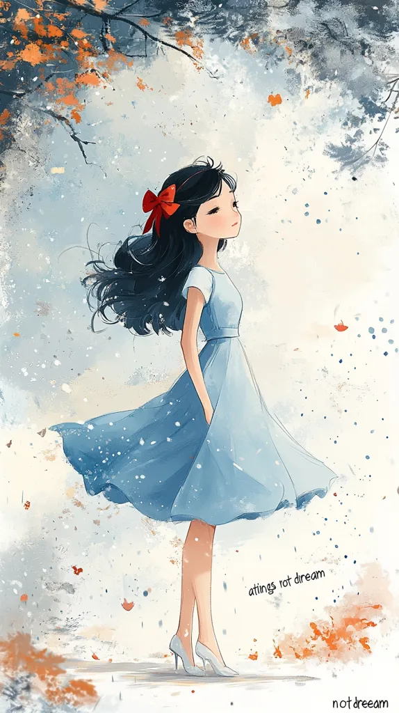 A digital painting depicts a young woman with long black hair and a red bow, wearing a light blue dress.  Her dress billows gently as if caught in a soft breeze.  She stands on a path, amidst falling leaves and a light, watercolor-like background, creating an ethereal and dreamy atmosphere. The artist's signature, "atings not dream," appears subtly in the lower right corner.