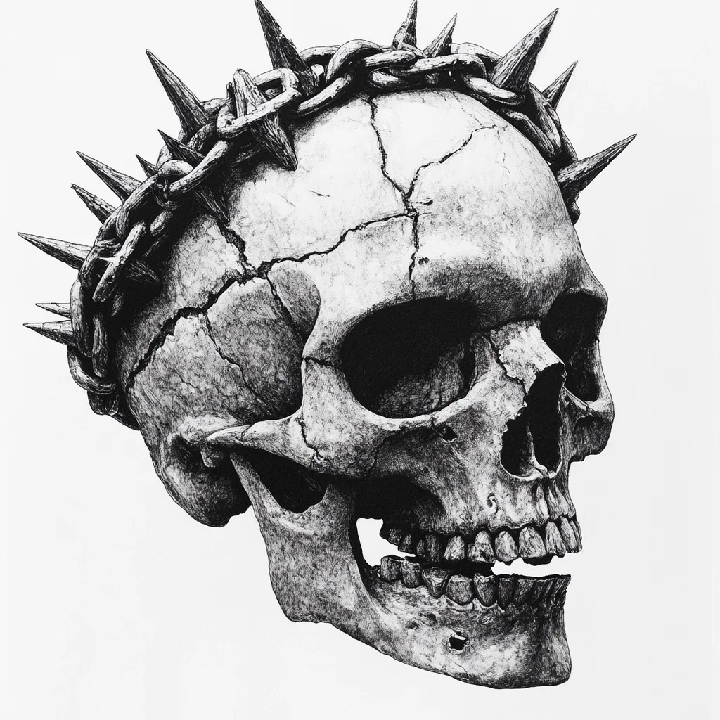 A detailed black and white drawing of a human skull adorned with a crown of thorns. The skull is intricately rendered, showcasing its texture and bone structure. The crown is composed of a chain interwoven with sharp spikes, adding a dramatic and symbolic element. The contrast between the skull's fragility and the crown's harshness creates a powerful visual impact.  The artwork suggests themes of mortality, suffering, and perhaps even martyrdom.