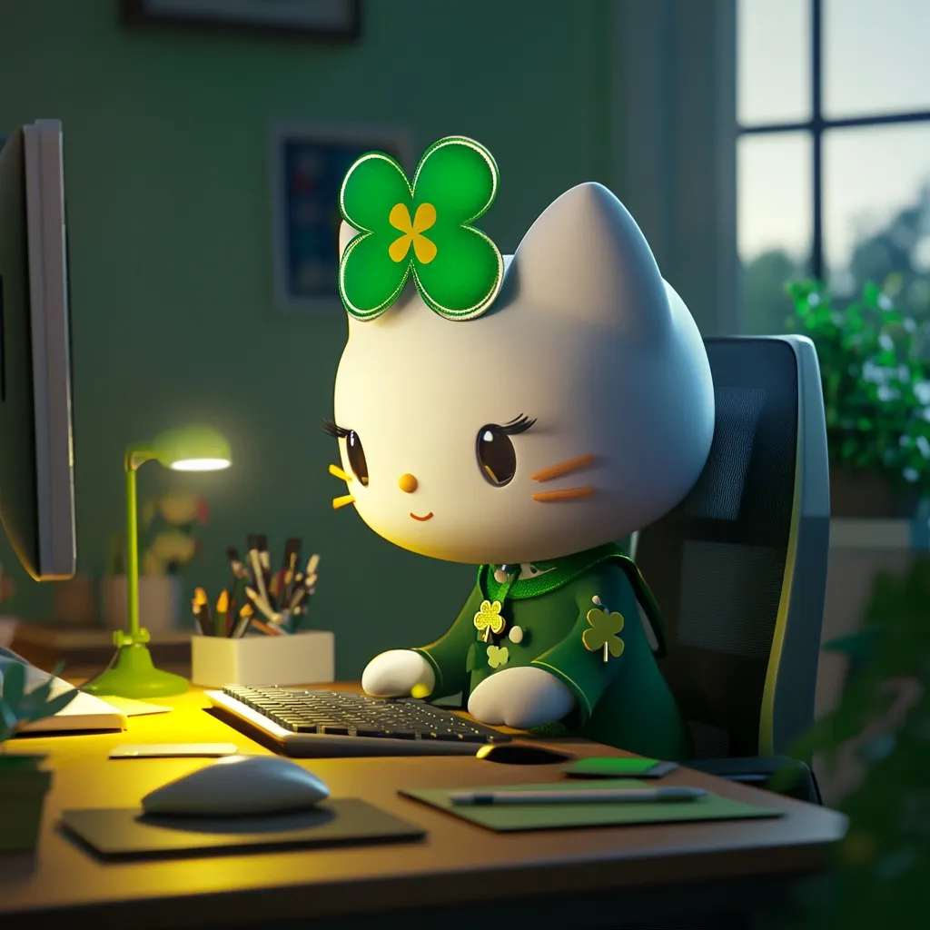 A cute, stylized Hello Kitty character, adorned with a green clover headband and a green shamrock-emblazoned jacket, sits at a desk in a dimly lit room.  She's working on a computer, illuminated by a desk lamp, with a mouse and keyboard in front of her.  The scene evokes a cozy, late-night work atmosphere.