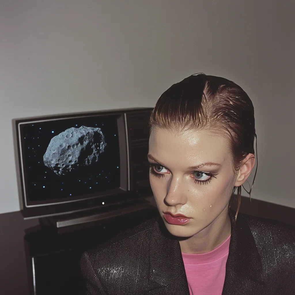 A young woman with wet, slicked-back hair gazes pensively.  She's dressed in a dark, textured blazer over a pink shirt.  Behind her, an old television displays a large asteroid hurtling through space, creating a juxtaposition of personal contemplation and cosmic scale. The image has a moody, atmospheric quality.