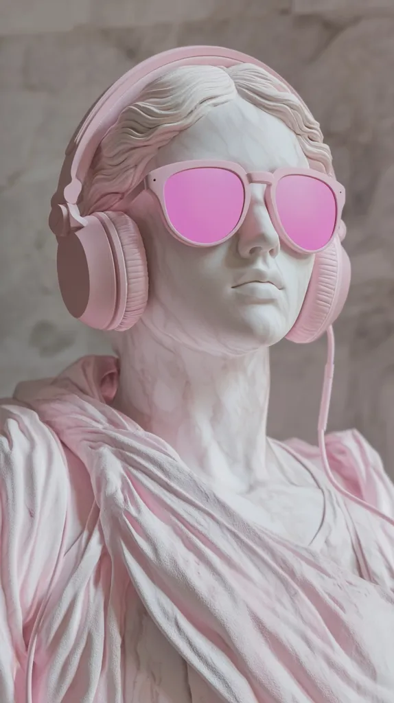 A classical bust statue, painted pale pink, wears oversized pink headphones and sunglasses.  The juxtaposition of ancient sculpture with modern accessories creates a striking, surreal image. The soft pink color palette unifies the contrasting elements, resulting in a visually arresting and thought-provoking piece. The statue's serene expression adds to the artwork's intriguing nature.