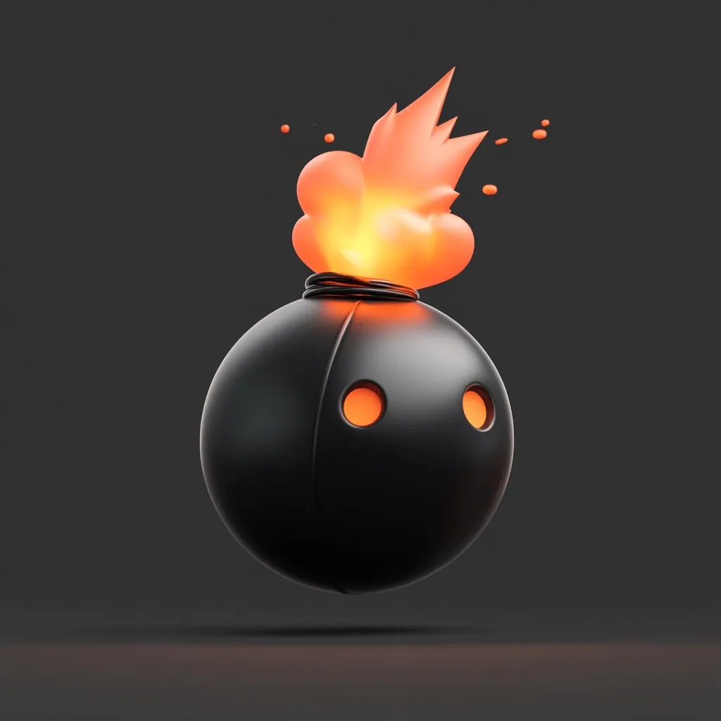 A stylized 3D rendering depicts a black bomb with a lit fuse.  The bomb is spherical with two small, glowing orange circles.  The flame is bright orange and stylized, not realistically detailed. The overall style is cartoonish, suggesting a playful or game-like context rather than a serious depiction of weaponry. The background is a dark gray, providing a stark contrast to the bomb.