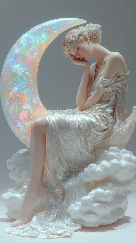 A serene statue depicts a woman in a flowing white gown, asleep on a crescent moon.  The moon is iridescent, showcasing a spectrum of pastel colors.  She rests gracefully, her head gently tilted, creating a dreamy and ethereal atmosphere.  The base is sculpted to resemble fluffy clouds, enhancing the celestial theme.  The overall effect is one of delicate beauty and peaceful slumber.