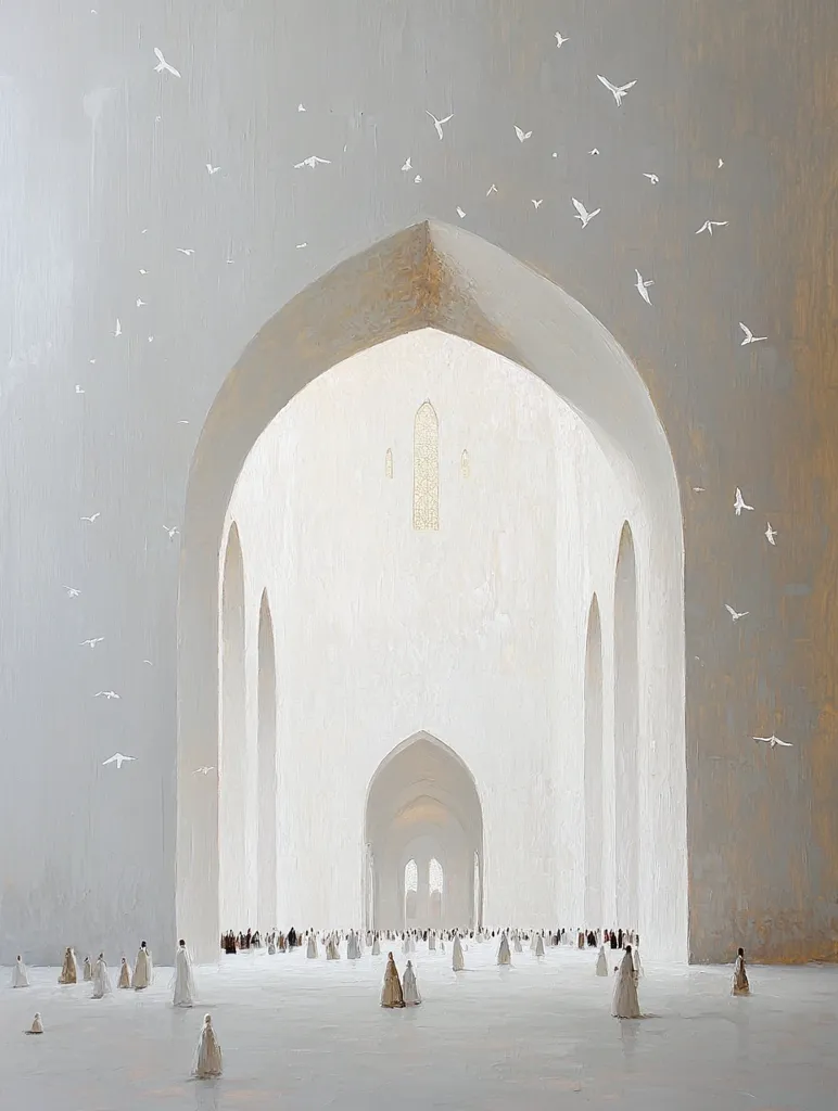 A serene painting depicts a vast, white interior space, possibly a mosque or cathedral, with numerous arched doorways receding into the distance.  A multitude of small figures, dressed in white, are gathered on the floor.  White birds fly across a pale gray ceiling, adding to the tranquil, ethereal atmosphere.  The overall impression is one of peace and quiet contemplation.