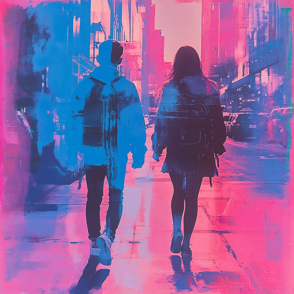 A stylized image depicts a young couple walking away from the camera down a city street.  The vibrant, almost neon, pink and blue color palette creates a dreamy, surreal atmosphere.  The figures are slightly blurred, adding to the abstract feel.  The background shows buildings and cars, suggesting an urban setting. The overall effect is a modern, artistic representation of a romantic city scene.