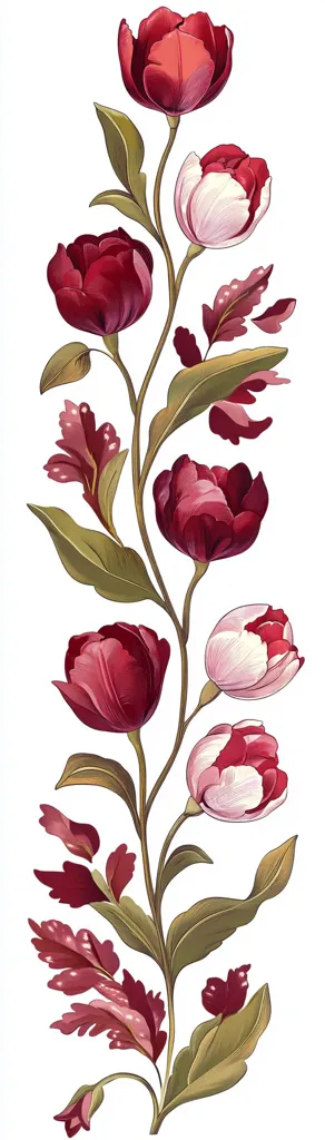A vertical floral arrangement features a central stem adorned with deep red and blush-pink tulip-like blossoms.  The stem is embellished with stylized, textured leaves in varying shades of red and green, creating a rich, almost jewel-toned effect. The overall design is elegant and ornate, suitable for textile patterns or decorative art.
