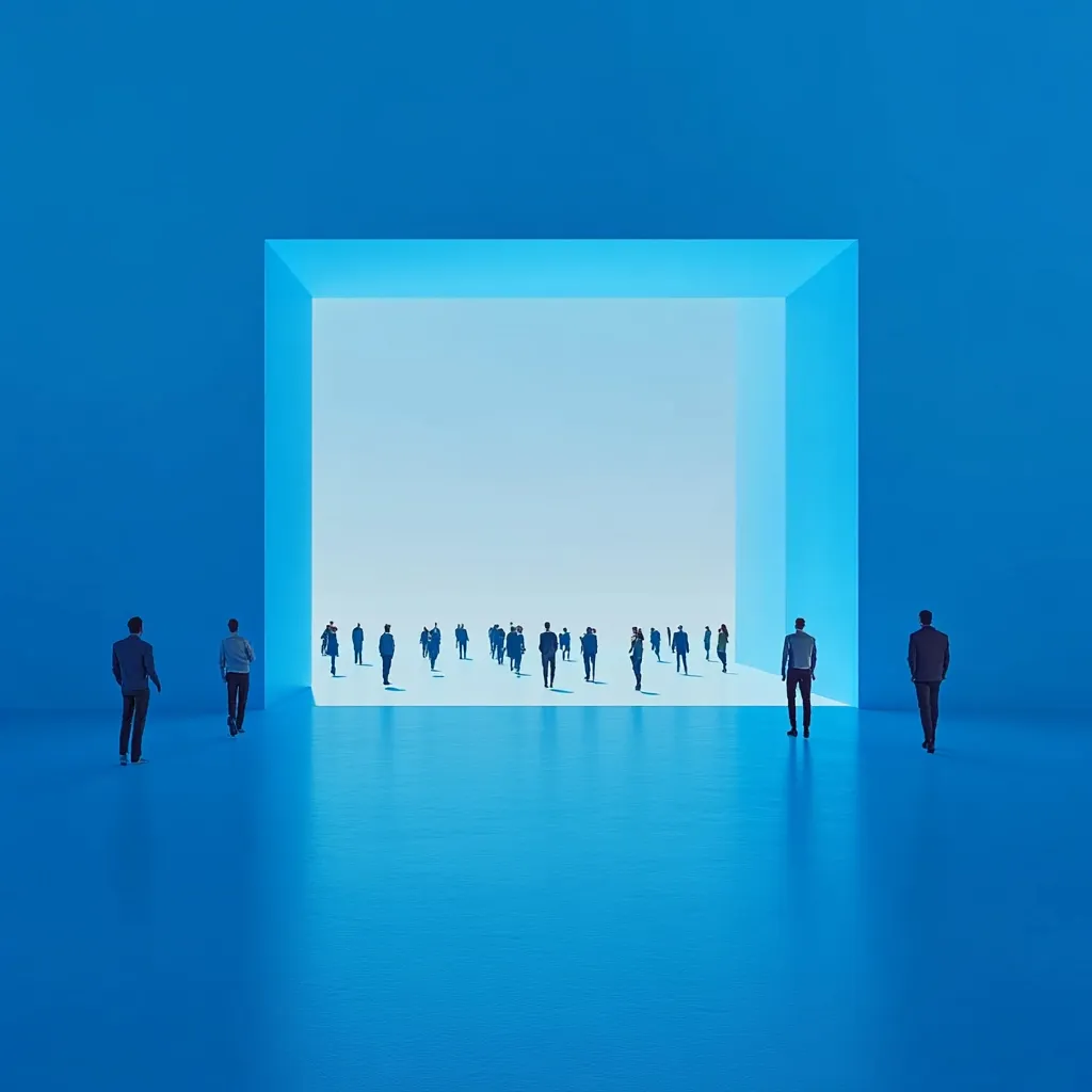 A minimalist digital artwork depicts a crowd of small, silhouetted figures walking towards a bright, open rectangular doorway in a vibrant blue room.  Two larger figures stand at either side of the doorway, facing away from the viewer, emphasizing a sense of individual perspective within a larger group. The overall scene suggests themes of choice, opportunity, and the journey ahead.