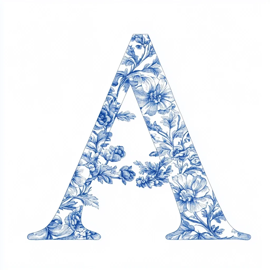 A capital letter "A" is depicted, its form filled with a detailed blue floral pattern.  The design suggests a toile or similar style, featuring delicate flowers and leaves rendered in a light blue ink wash on a white background. The overall aesthetic is elegant and reminiscent of antique designs.