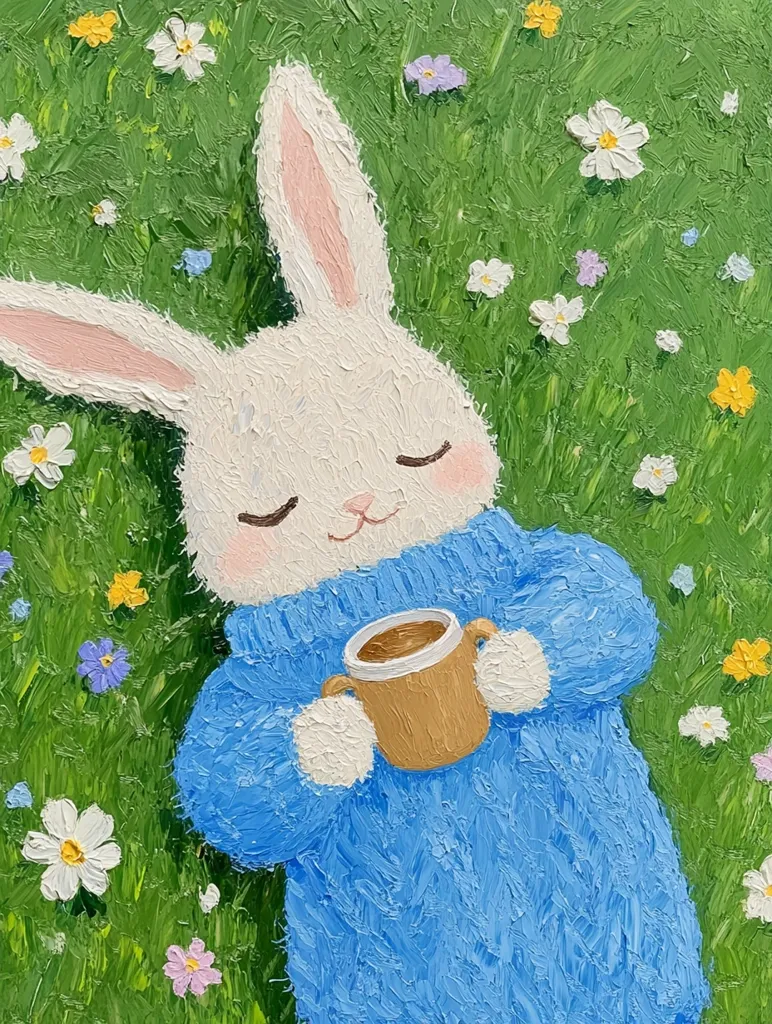 A charming painting depicts a white rabbit wearing a light blue sweater, nestled in a vibrant green field dotted with colorful wildflowers.  The rabbit holds a warm brown mug, appearing relaxed and content. The impasto style adds texture and depth, creating a whimsical and peaceful scene.  The overall feeling is one of gentle warmth and springtime joy.