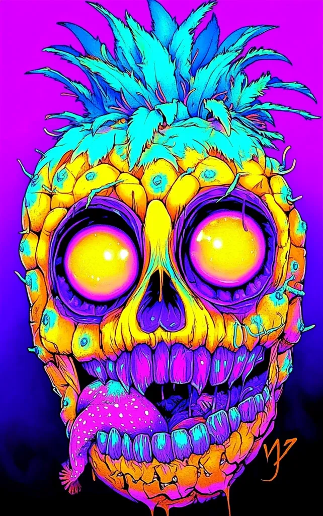 A vibrant, psychedelic artwork depicts a skull formed from a pineapple.  Bright yellow and purple hues dominate, with neon-blue accents on the pineapple's crown.  Large, glowing eyes and an open mouth with a spotted tongue add to the surreal, almost grotesque effect. The overall style is bold and graphic, employing stark contrasts and intense coloring.
