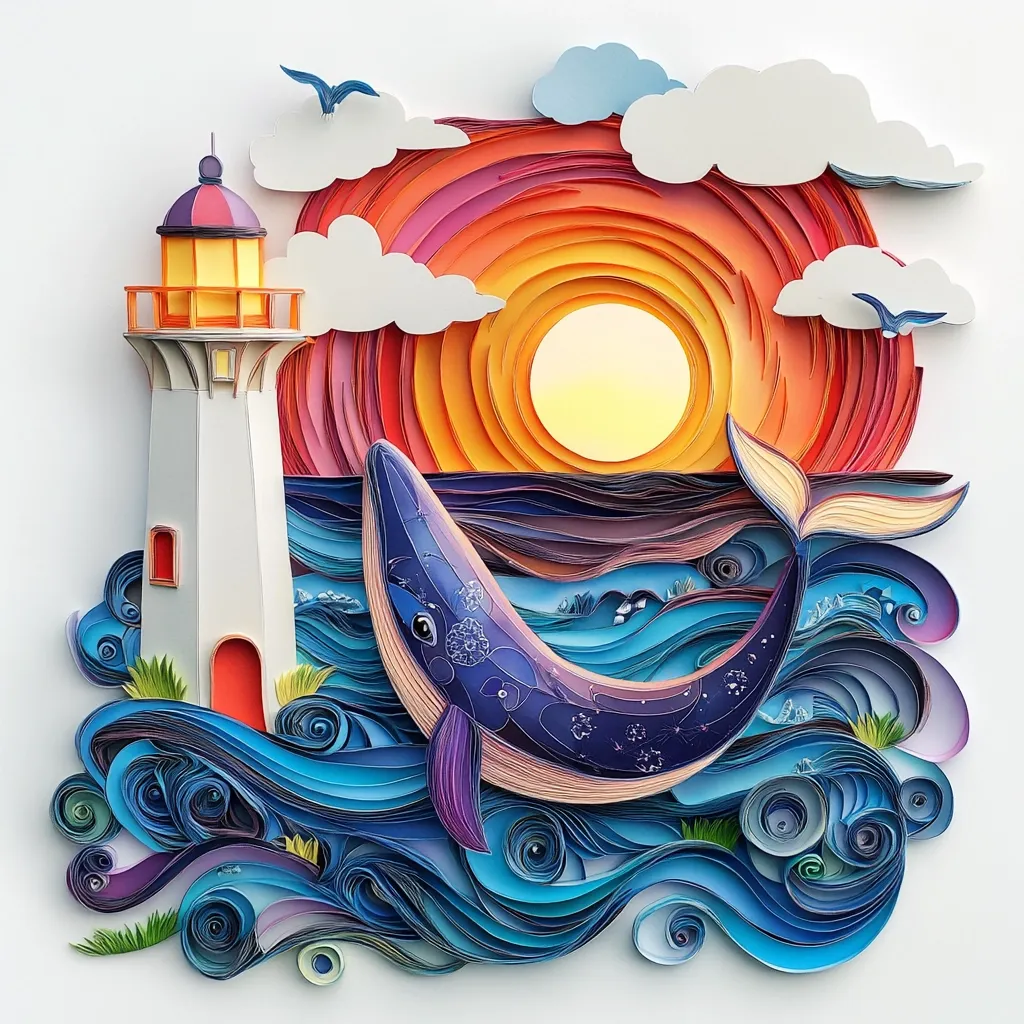 A vibrant paper quilling artwork depicts a serene coastal scene.  A whale breaches the ocean waves, its body adorned with intricate patterns, under a fiery sunset. A lighthouse stands guard on the shore, adding to the peaceful ambiance. The swirling blues and purples of the ocean contrast beautifully with the warm oranges and reds of the sunset, creating a captivating piece of art.  Birds fly overhead, completing the idyllic seascape.