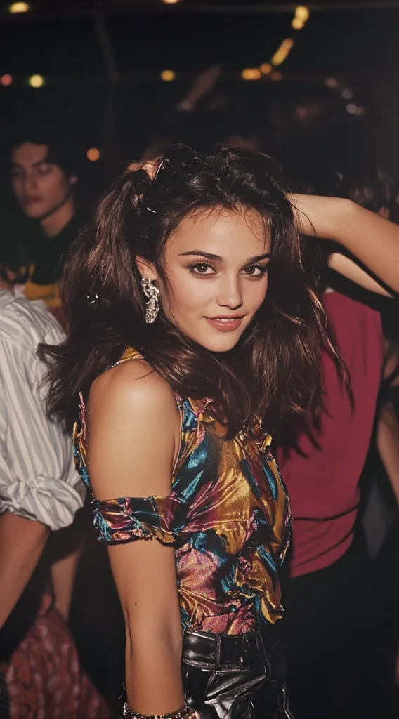 A young woman with long brown hair, styled in a half-updo,  is the focus of the image. She's wearing a colorful, iridescent off-the-shoulder top and black leather pants.  Large dangling earrings adorn her ears.  The background is blurred but shows a lively, dimly lit party atmosphere with other people present.  The overall aesthetic is reminiscent of the 1980s or 90s.