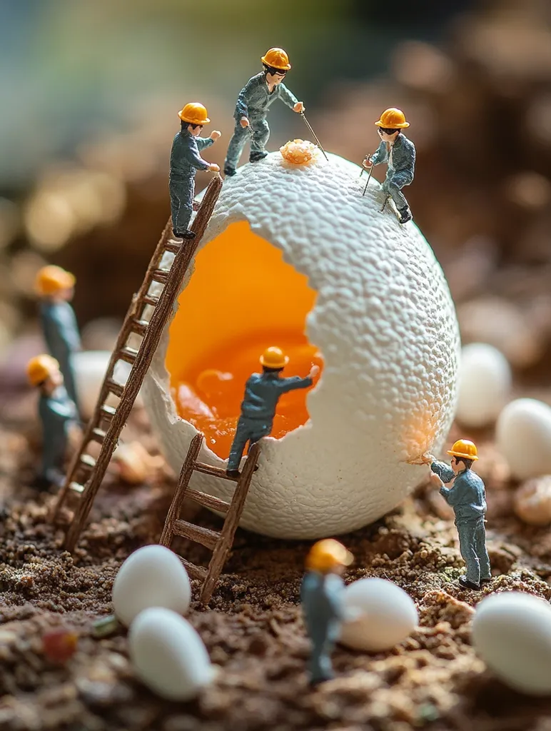 Miniature construction workers, wearing hard hats, are diligently working on a large, cracked eggshell.  They use ladders to access different parts of the egg, revealing a bright orange yolk inside.  Smaller eggs surround the scene, creating a whimsical, miniature world. The setting appears to be earthy and natural.