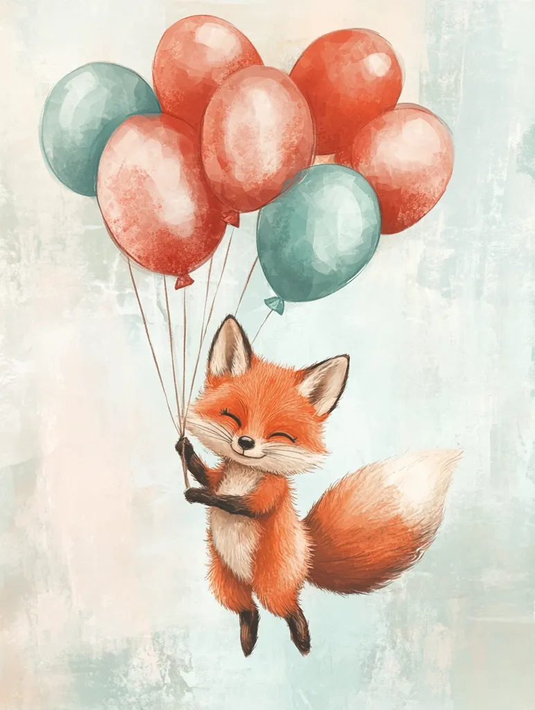 A cheerful fox floats joyfully, clutching a bunch of pastel-colored balloons.  The balloons, in shades of coral and teal, add a whimsical touch to the illustration. The fox’s fluffy tail streams behind it as it soars through a soft, light-blue sky. The overall style is cute and charming, with a slightly textured background enhancing the dreamy atmosphere.