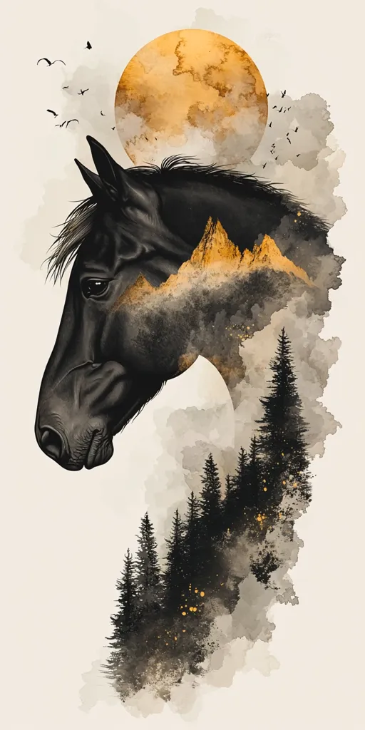 A watercolor painting depicts a black horse's head in profile, overlaid with a misty landscape.  Golden mountains peek through the horse's form, while a dark forest and a large, golden sun rise behind.  Small birds fly across a pale sky above. The style is serene and ethereal, blending the animal with nature in a harmonious composition.