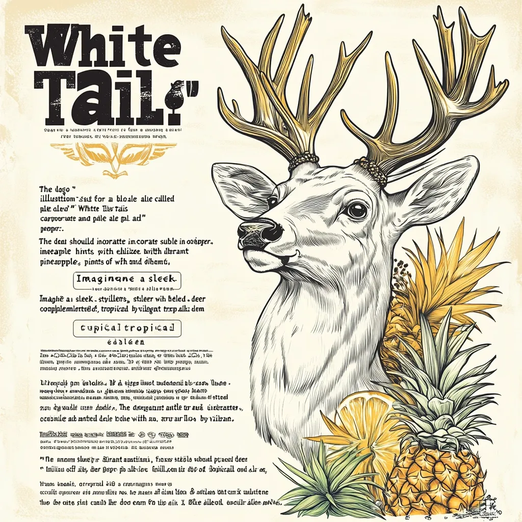 This vintage-style poster features a detailed illustration of a white-tailed deer's head adorned with pineapples and citrus fruits.  The text, in a stylized font, describes the design as an illustration for a pale ale called "White Tail," emphasizing sleek, tropical elements.  The overall aesthetic blends nature and sophisticated beverage branding.