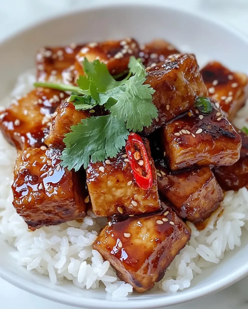 A bowl of glistening, glazed tofu cubes sits atop a bed of fluffy white rice.  The tofu is generously coated in a dark, glossy sauce, sprinkled with sesame seeds.  A garnish of fresh cilantro and a sliver of red chili add pops of color and freshness to the savory dish.  The image evokes a feeling of warmth and deliciousness.