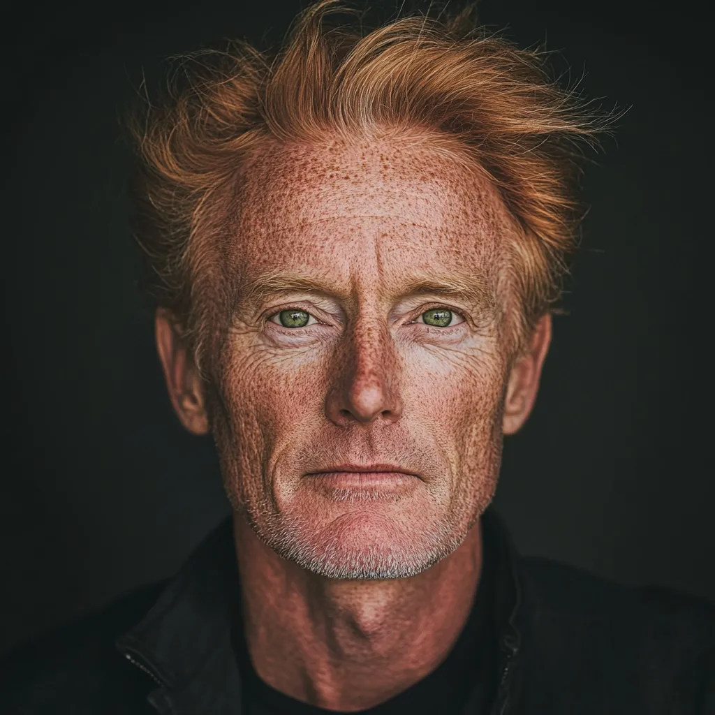 Close-up portrait of a middle-aged man with vibrant red hair and numerous freckles across his face.  His green eyes are direct and intense, framed by fine lines and wrinkles that speak to a life lived.  He has a serious expression, and his goatee adds to his rugged appearance. The dark background emphasizes his features, creating a dramatic and compelling image.