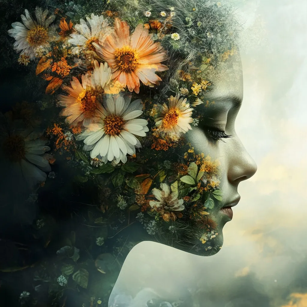 A serene profile of a woman's face is artfully blended with a profusion of flowers and foliage.  The image creates a mystical, ethereal effect, where nature and humanity seamlessly intertwine.  Muted greens, oranges, and whites dominate the color palette, giving the piece a soft, dreamlike quality. The woman's eyes are closed, suggesting peace and tranquility. The overall composition evokes a sense of natural beauty and inner harmony.