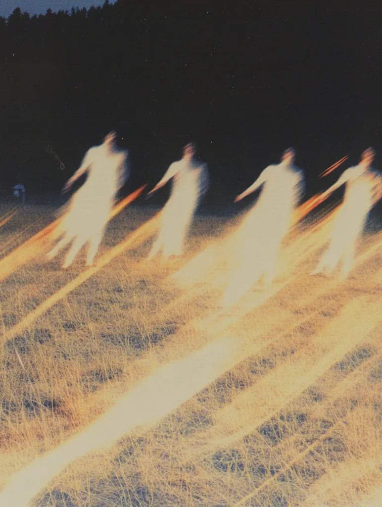 Blurred figures, appearing ghostlike in white, run across a grassy field at night.  Their movement creates streaks of light, illuminating the landscape. The background is dark, suggesting a forest line. The overall effect is ethereal and mysterious, with a sense of motion and speed.