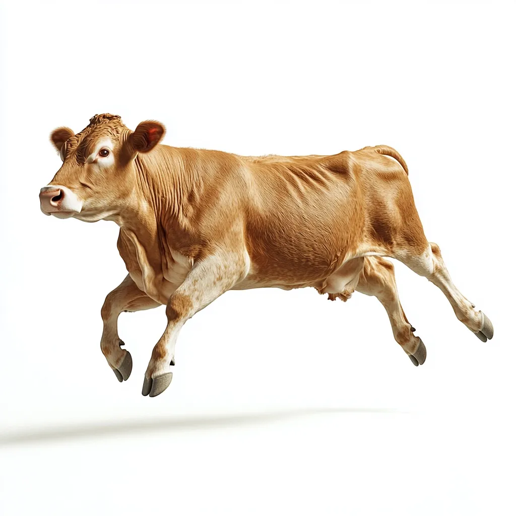 A light brown calf is captured mid-leap against a stark white background.  Its body is slightly elongated, showcasing its muscular legs extended in mid-stride. The calf’s fur is short and smooth, its coat a uniform light brown with subtle variations in shading. The image emphasizes the animal's dynamism and grace in motion.